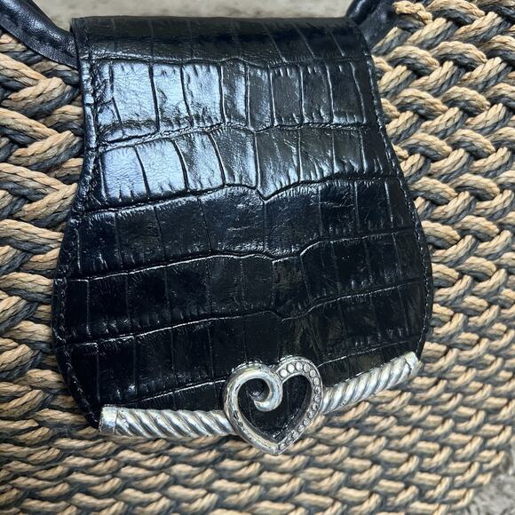 Brighton Woven Tan Straw Shoulder Bag Handbag Purse Black Croc Leather Handles - Picture 2 of 15